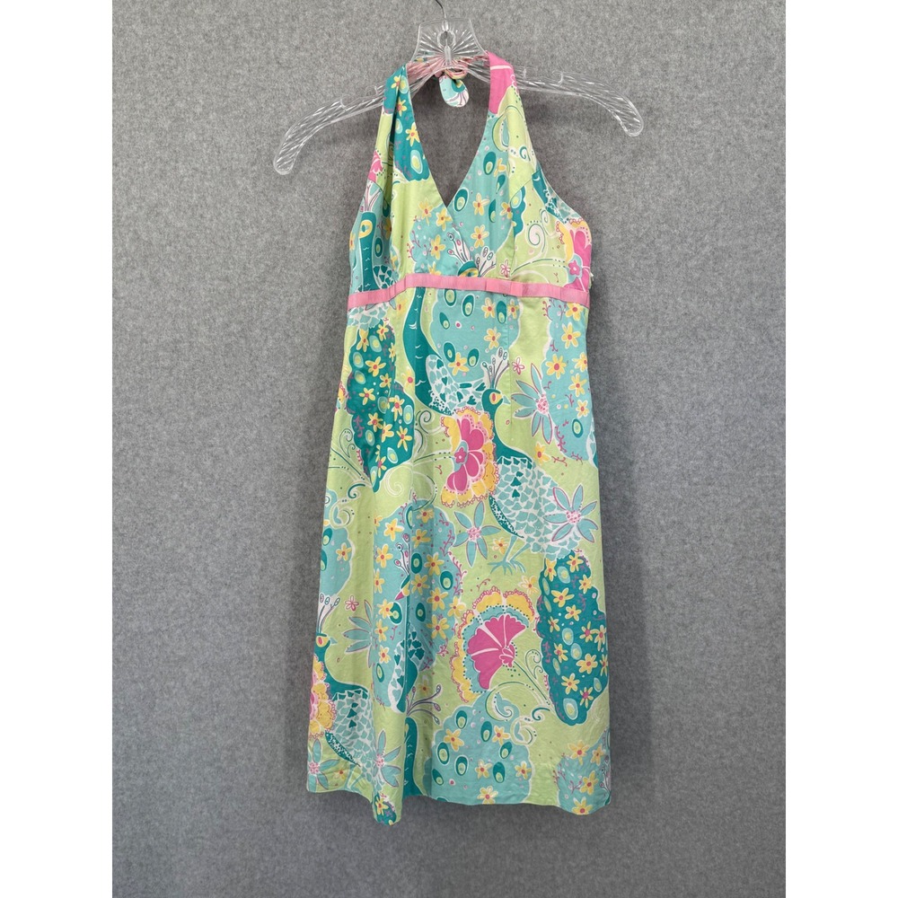 Lilly‎ Pulitzer Halter Dress Women Size 4 Green Peacock Floral Print Cotton Mini
